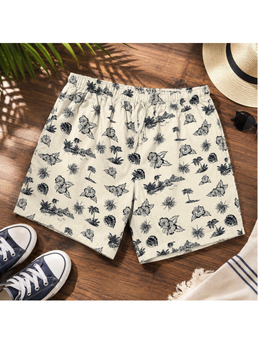 Men's Oxford Blue Swim Trunks XXL Beige Black Tropical Print - Picture 1 of 11